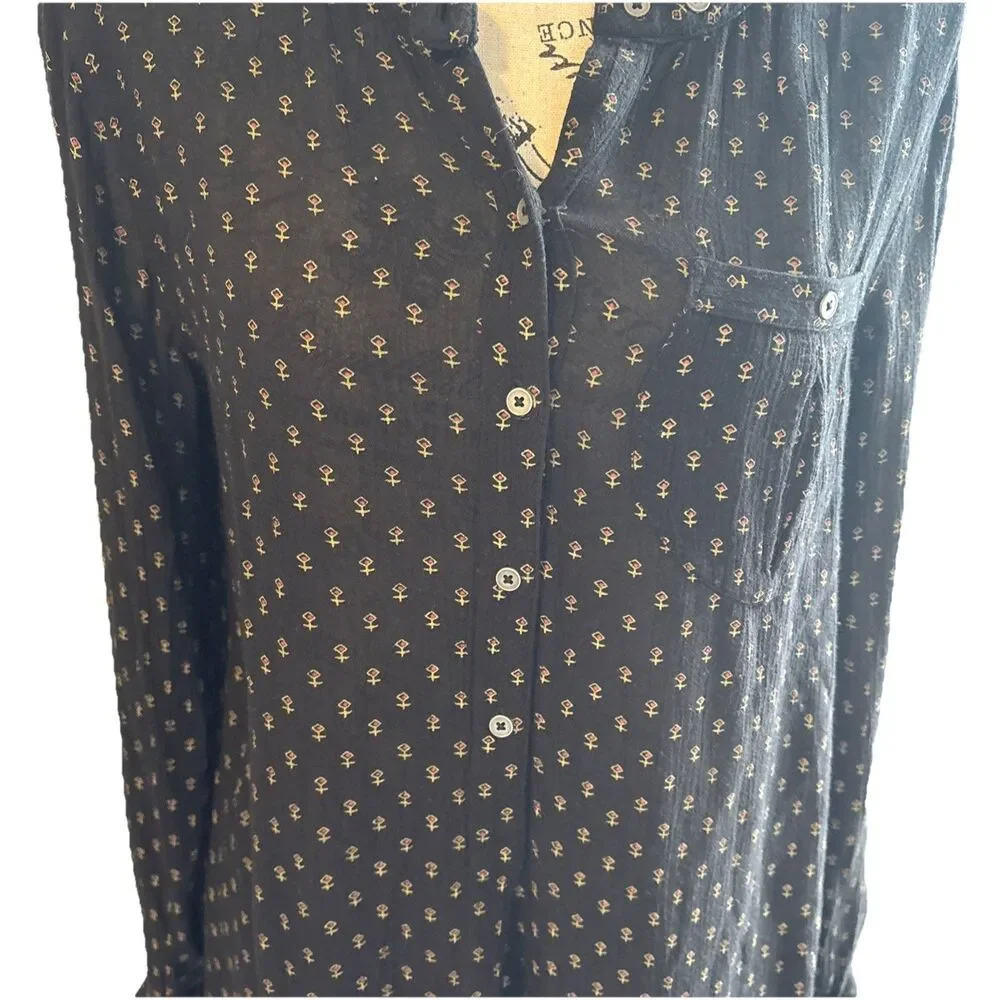 Free People Coal Combo Tribal Tunic Top Sz XS Black Baggy High Low Dress Boho